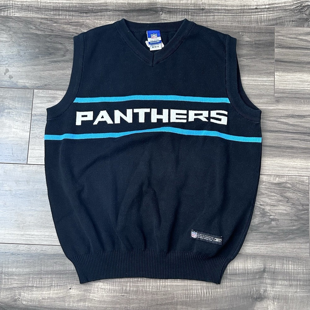 Reebok NFL Carolina Panthers Sweater Vest Sleeveless Spell Out Men's Medium